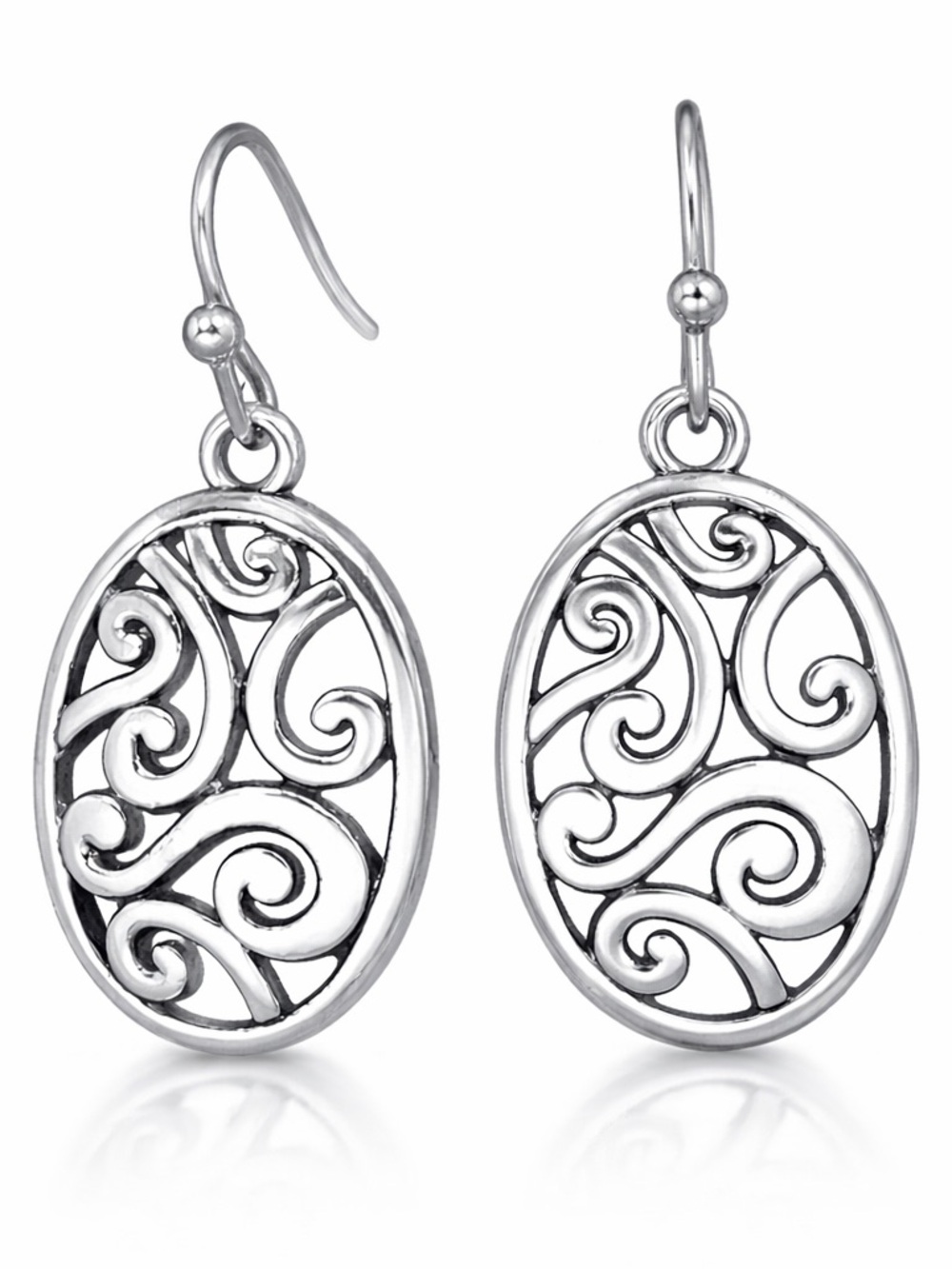 Silver Filigree Oval Dangle Earrings 1.34”